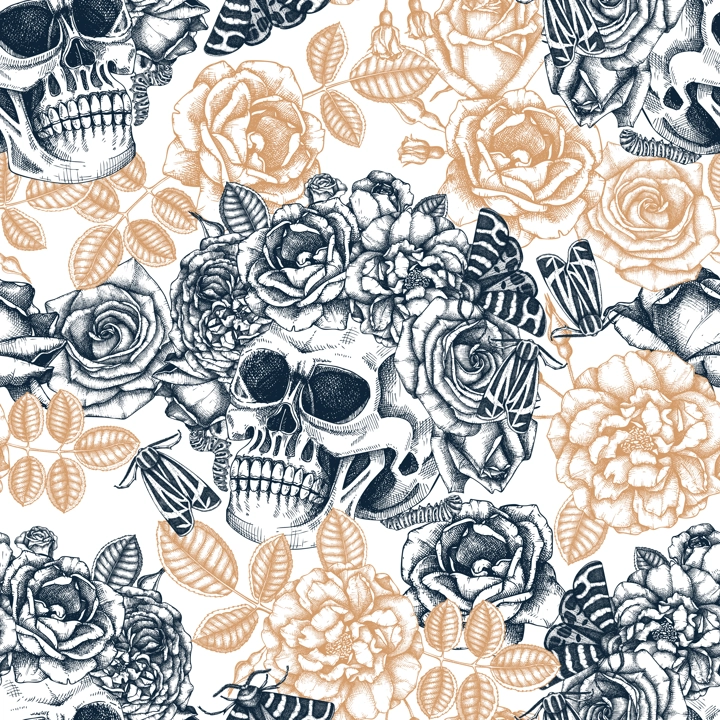 Day of the death seamless pattern. Hand drawn vector illustration. Human skull with rose flowers and moth sketch. Gothic style background. Repeating texture. Fabric, textile, wrapping paper, print